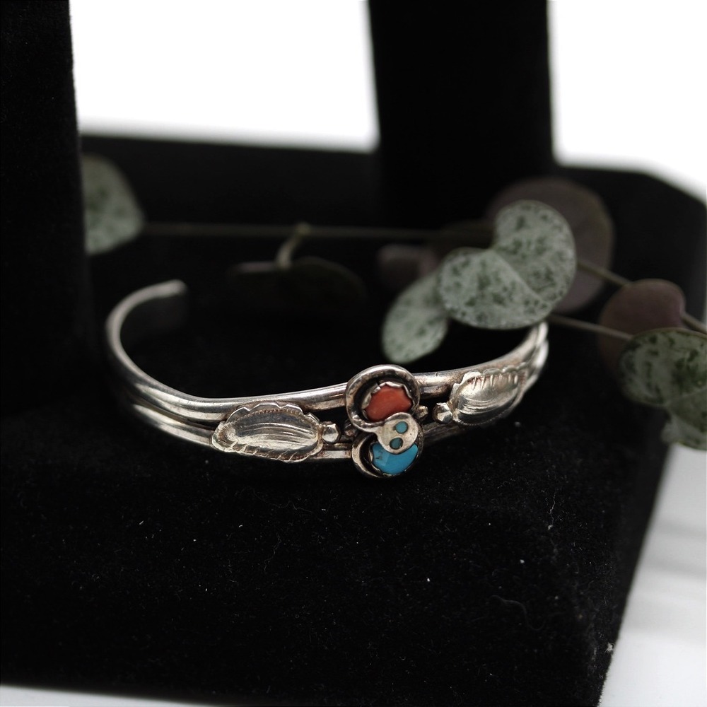 Effie Calavaza Zuni Sterling Silver Snake Cuff Bracelet Turquoise Coral Vintage